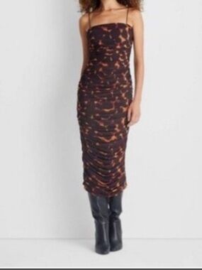 Ruched Midi Slip Dress in Black and Brown Print